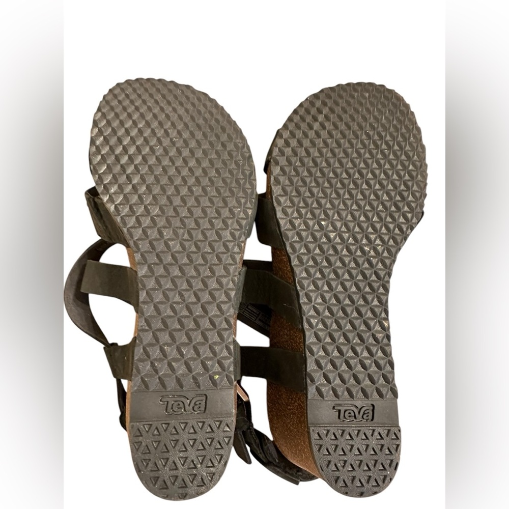 Teva Mahonia Sandals Women's 6 Black Nubuck Leather Strappy Cork Wedge Buckle - Picture 7 of 9
